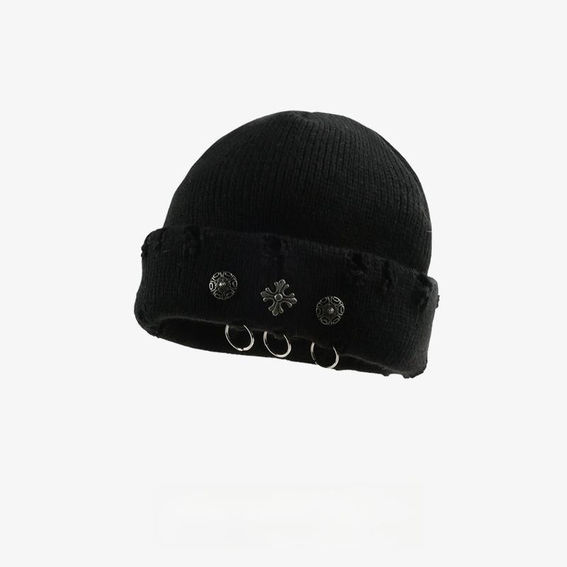 Vintage Cross Knit Beanie - Distressed Style, Punk Streetwear, Warm for Outdoor & Gatherings