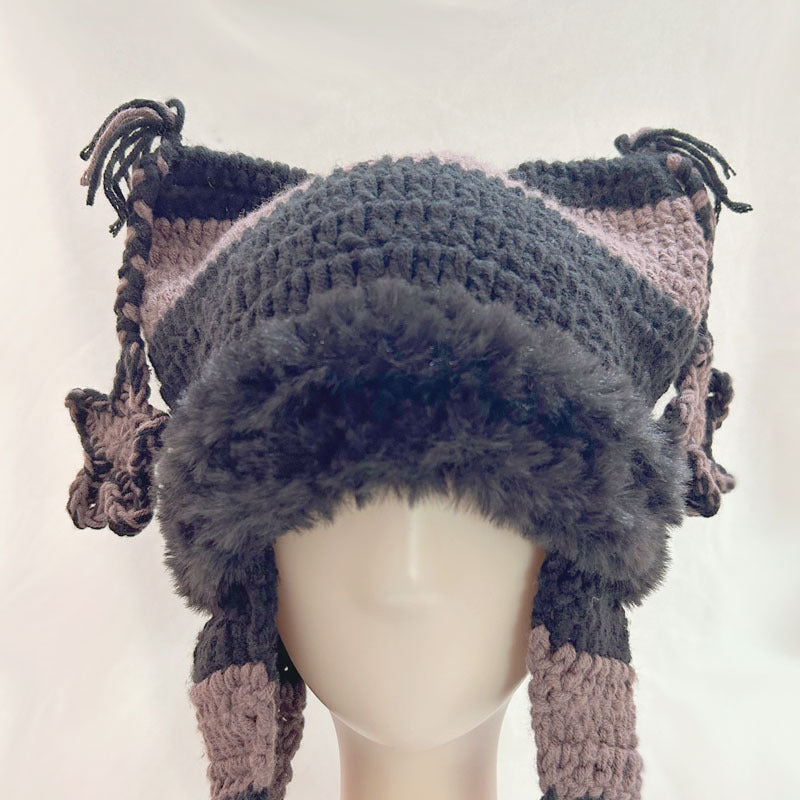 Hand-Crocheted Winter Beanie - Sweet Cat Ear Design with Star Ribbon, Wool & Cotton Blend for Warmth