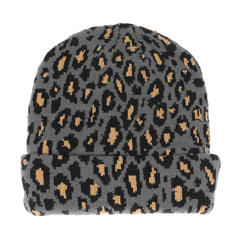 Leopard Print Knit Beanie with Ear Flaps - Chunky Acrylic Winter Hat for Outdoor Sports & Snow Activities