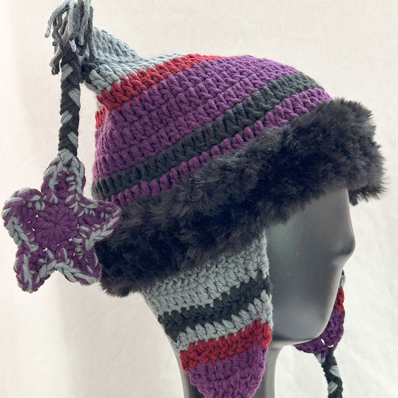 Hand-Crocheted Winter Beanie - Sweet Cat Ear Design with Star Ribbon, Wool & Cotton Blend for Warmth