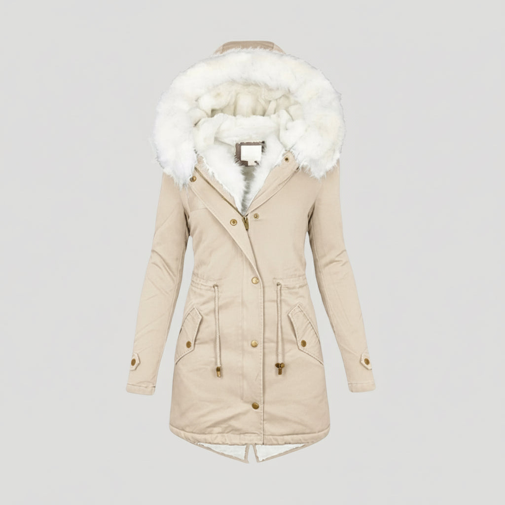 Ladies Warm Parka Coat with Faux Fur Hood and Waist Belt