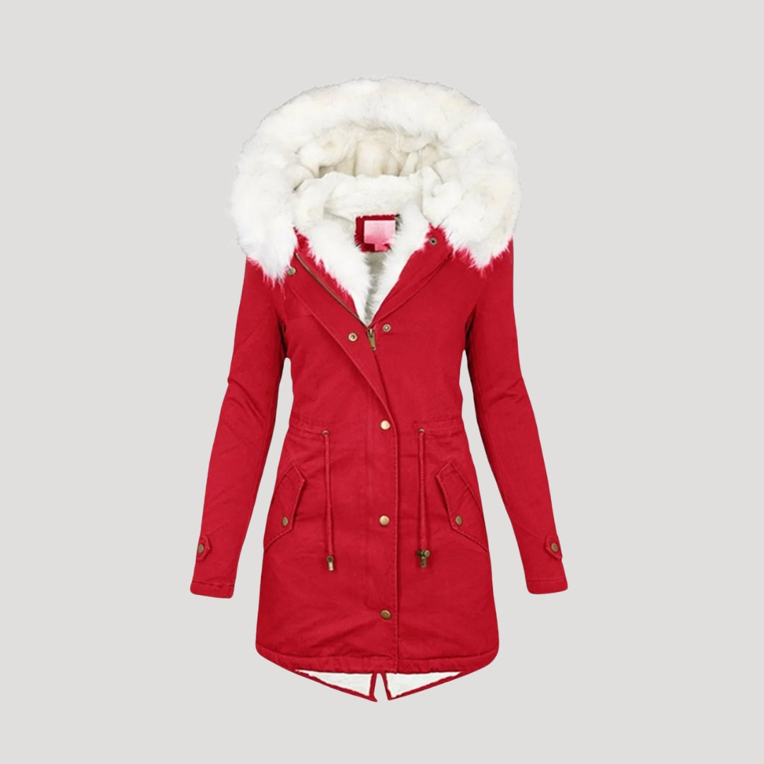 Ladies Warm Parka Coat with Faux Fur Hood and Waist Belt