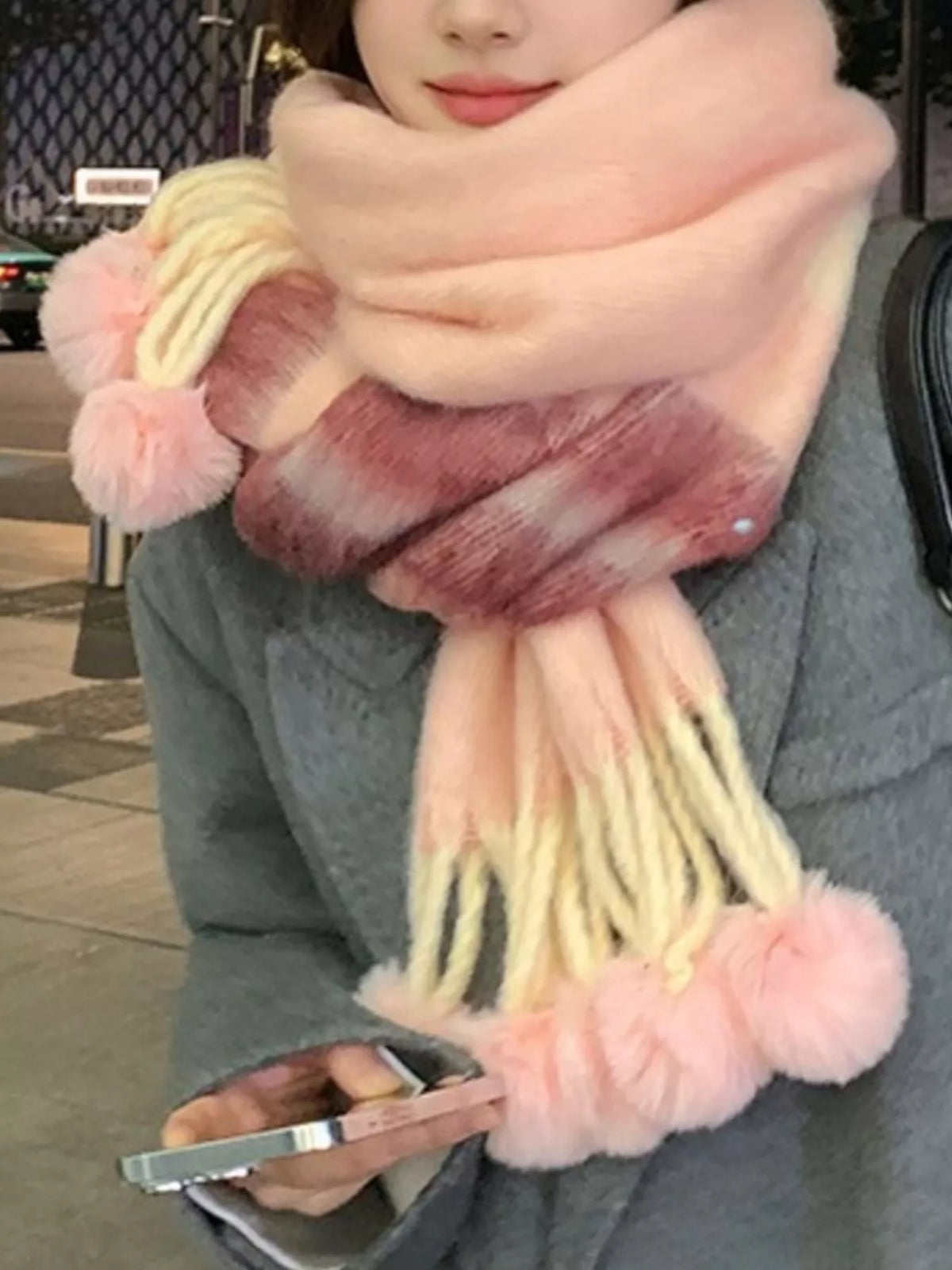 Striped Scarf with Pom-Poms