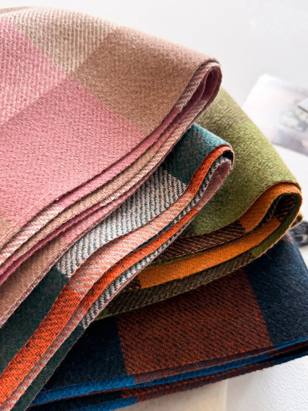 Color Block Plaid Fringe Blanket Scarf