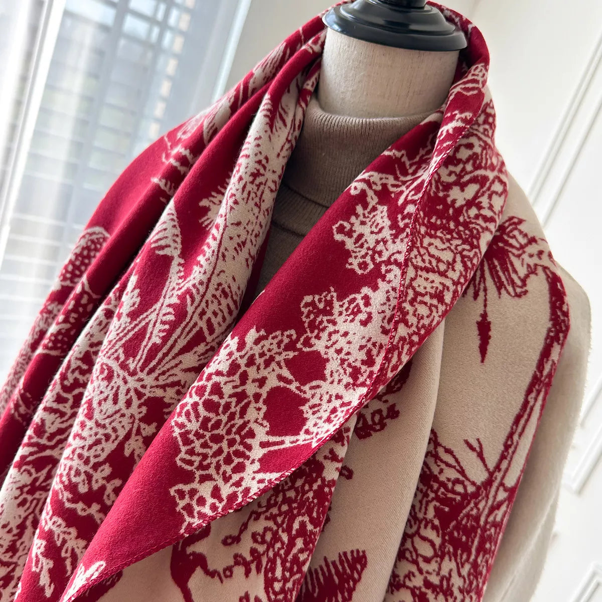 Deep Red Printed Raw Hem Winter Scarf