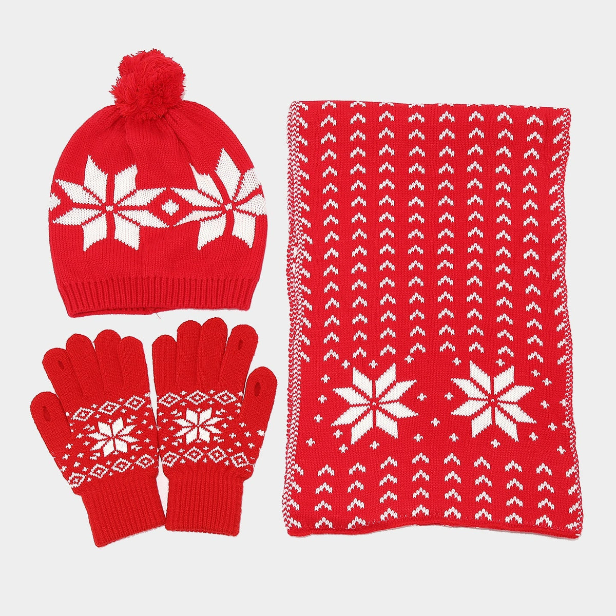 Cozy Snowflake Knit Hat, Scarf & Glove Set