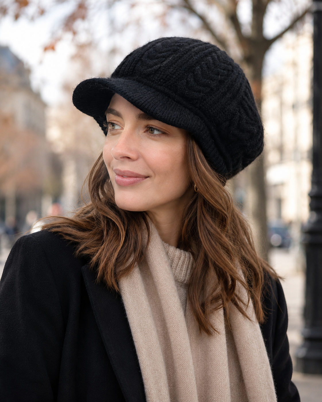 Fleece-Lined Knit Beret with Brim for Women