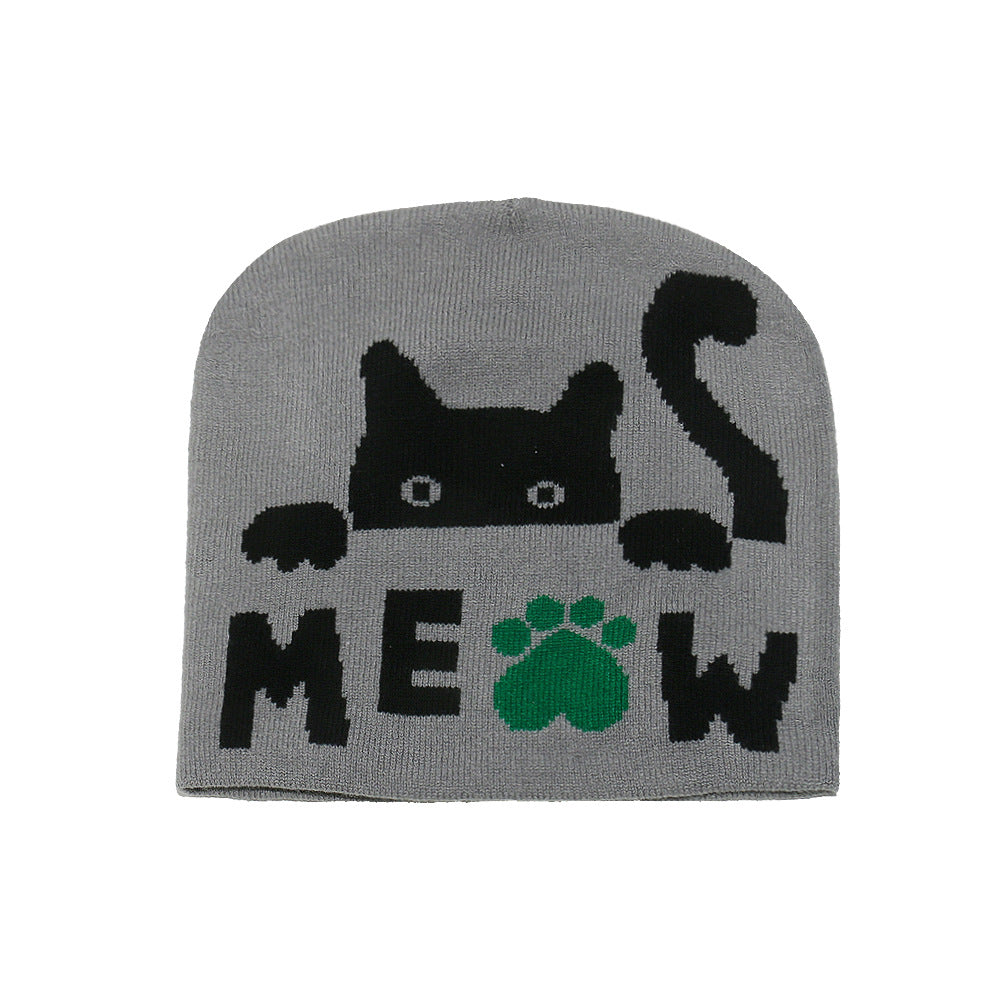 Cute Cat Jacquard Knit Beanie - Cozy Winter Hat