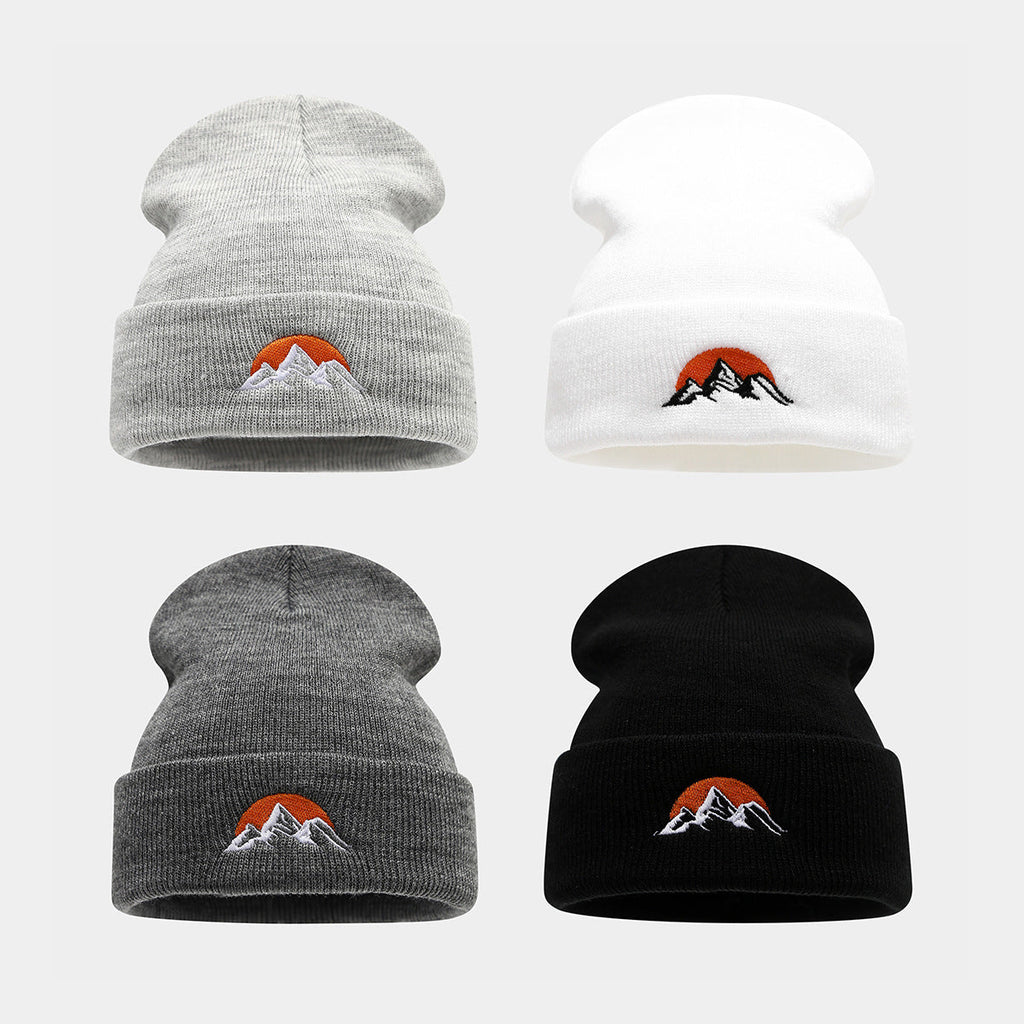 Embroidered Mountain Sun Beanie - Warm Knit Hat