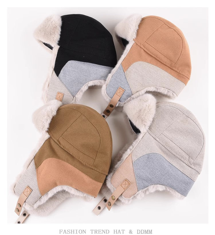 Warm Spliced Lei Feng Hat - Windproof Plush Ear Protection