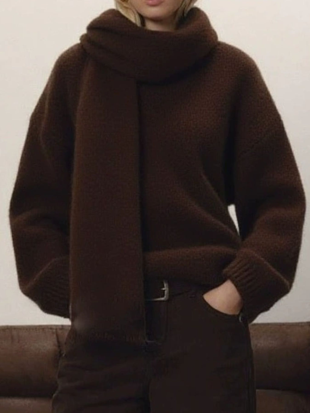Oversized V Neck Dropped Shoulder Sweater with Scarf