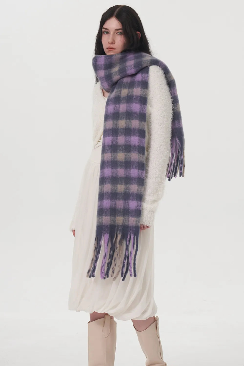 Lilac Chunky Fringe Plaid Polyester Scarf
