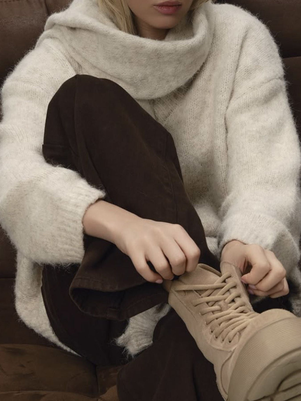 Oversized V Neck Dropped Shoulder Sweater with Scarf