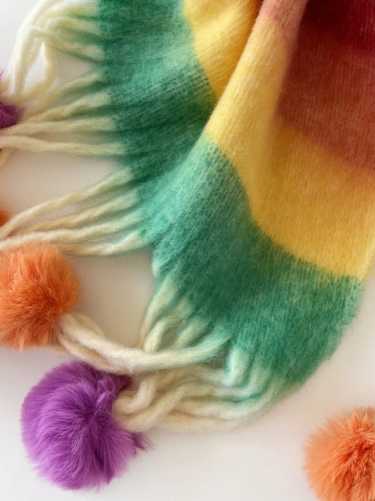 Rainbow Striped Fuzzy Pom Pom Scarf