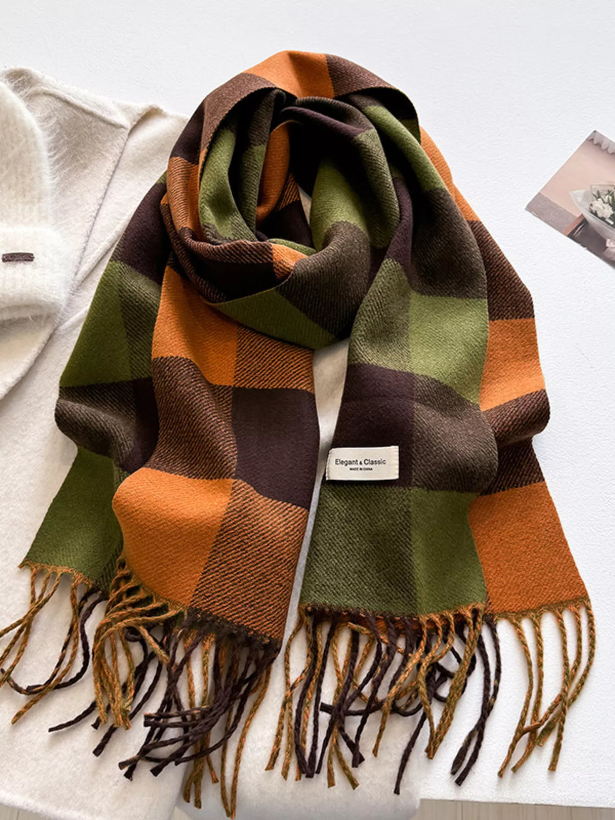 Color Block Plaid Fringe Blanket Scarf