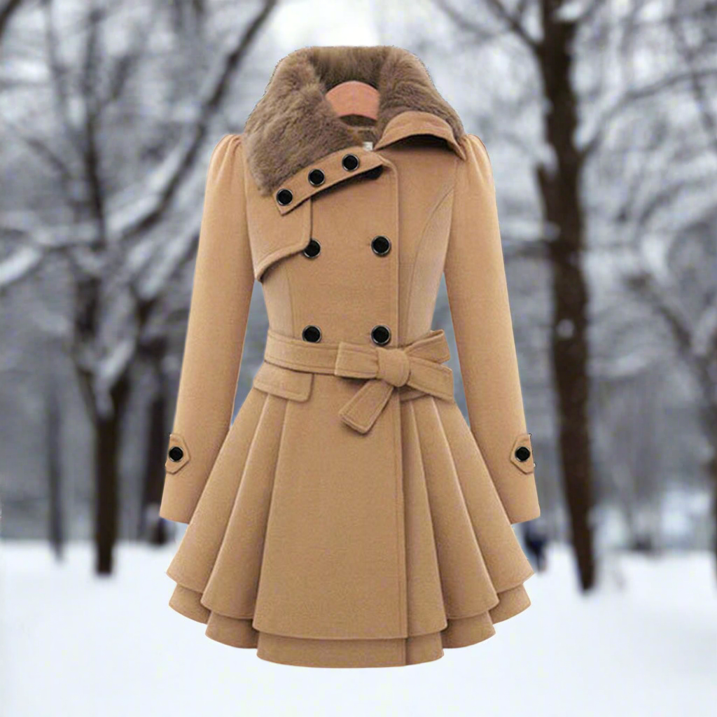 Ladies Classic Double Breasted Fur Trim Coat
