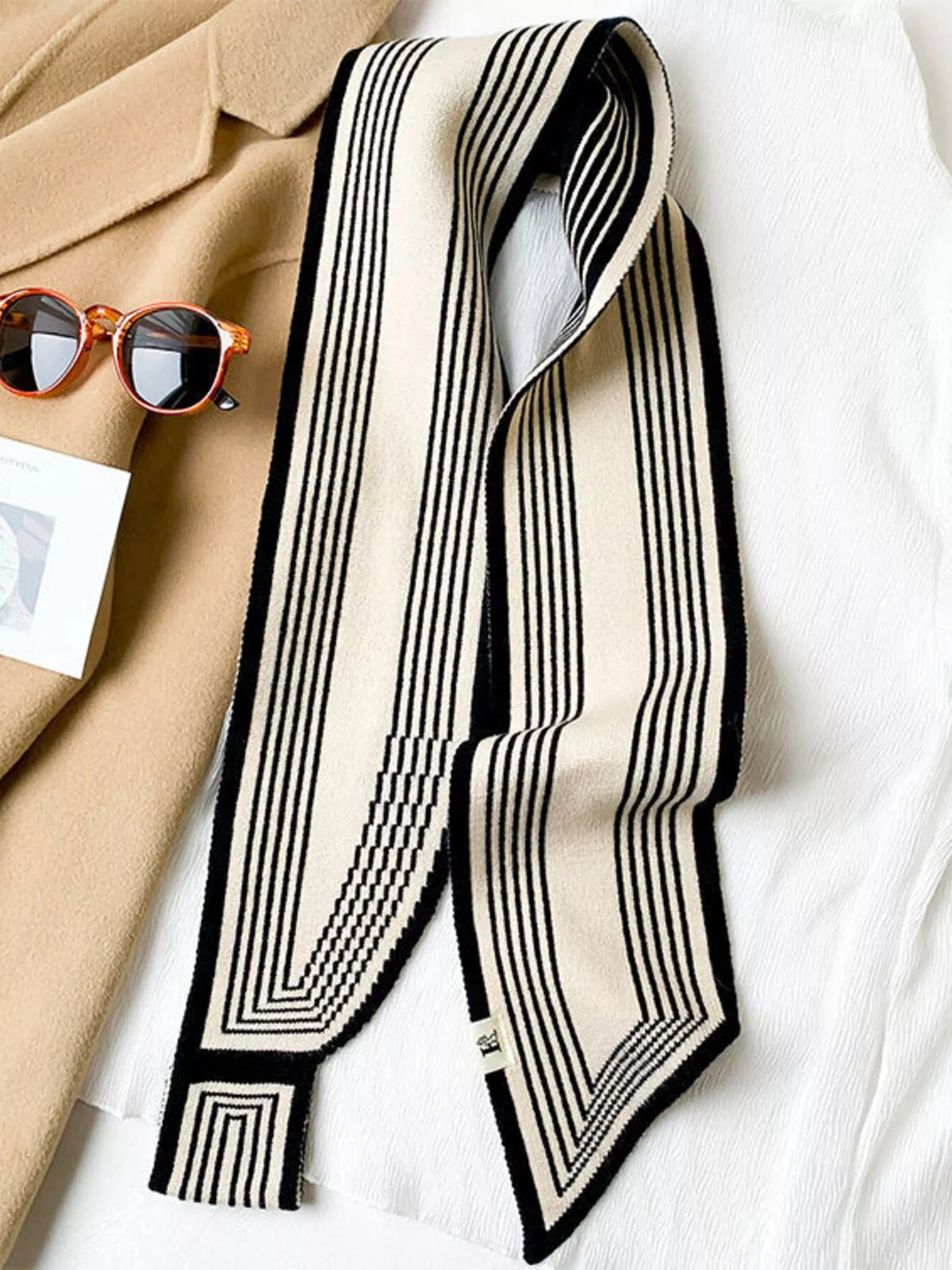 Black Striped Knitted Narrow Winter Scarf