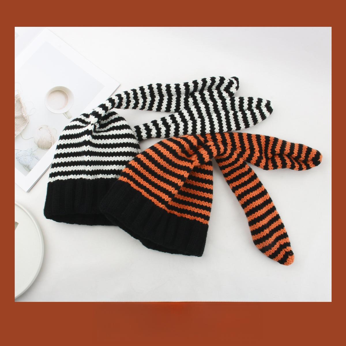 Bunny Ears Striped Knitted Beanie with Warm Ear Flaps - Playful Animal Hat - Y2K Street Fashion Cold Weather Cap