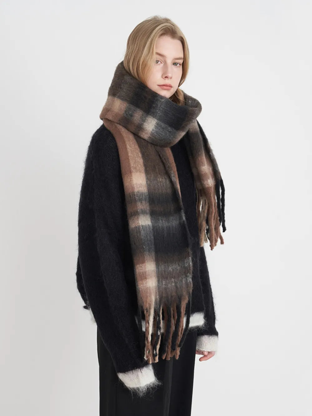 Extra Long Fringe Plaid Polyester Scarf
