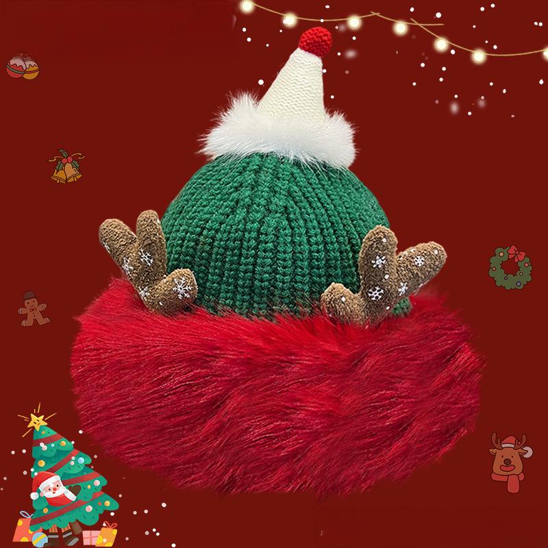 Christmas Knit Beanie with Antlers – Faux Rabbit Fur, Ear Warmers, Wide Brim for Outdoor Commute & Gatherings