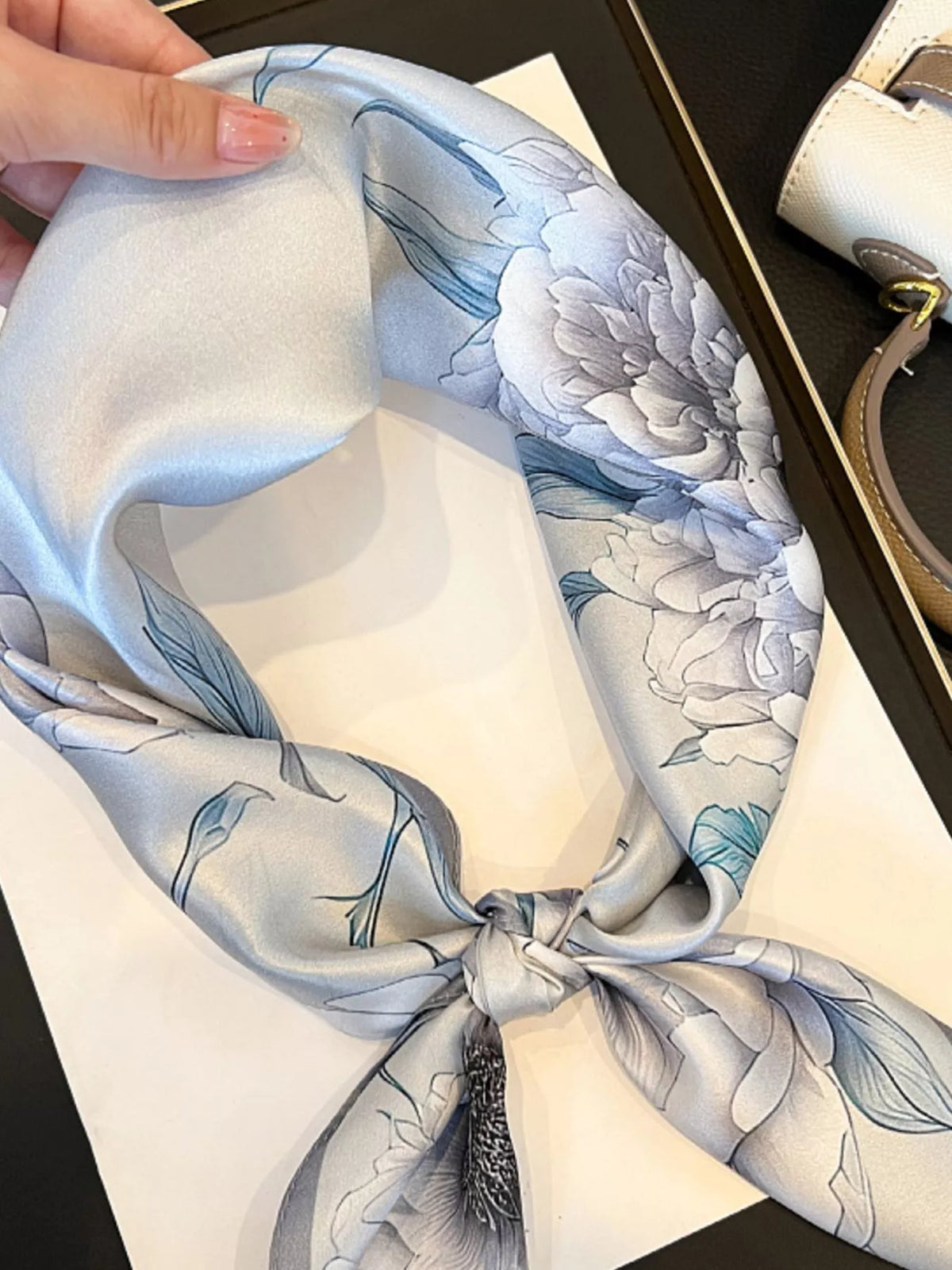 Light Gray Floral Print Silk Square Scarf