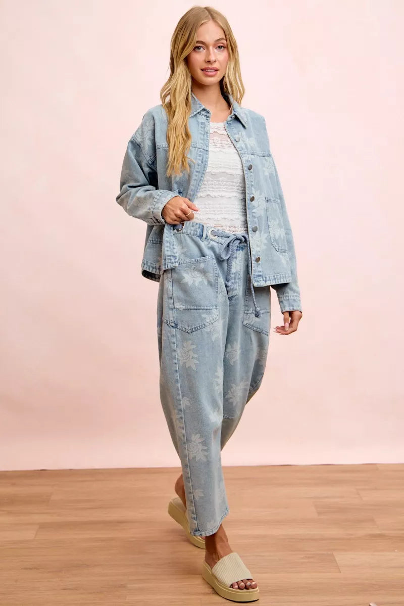 Floral Print Washed Denim Jacket