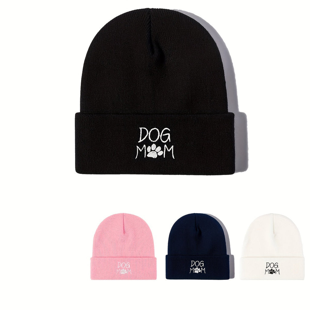 Pandaize Dog Mom Embroidery Beanie - Casual Knit Hat for Autumn & Winter