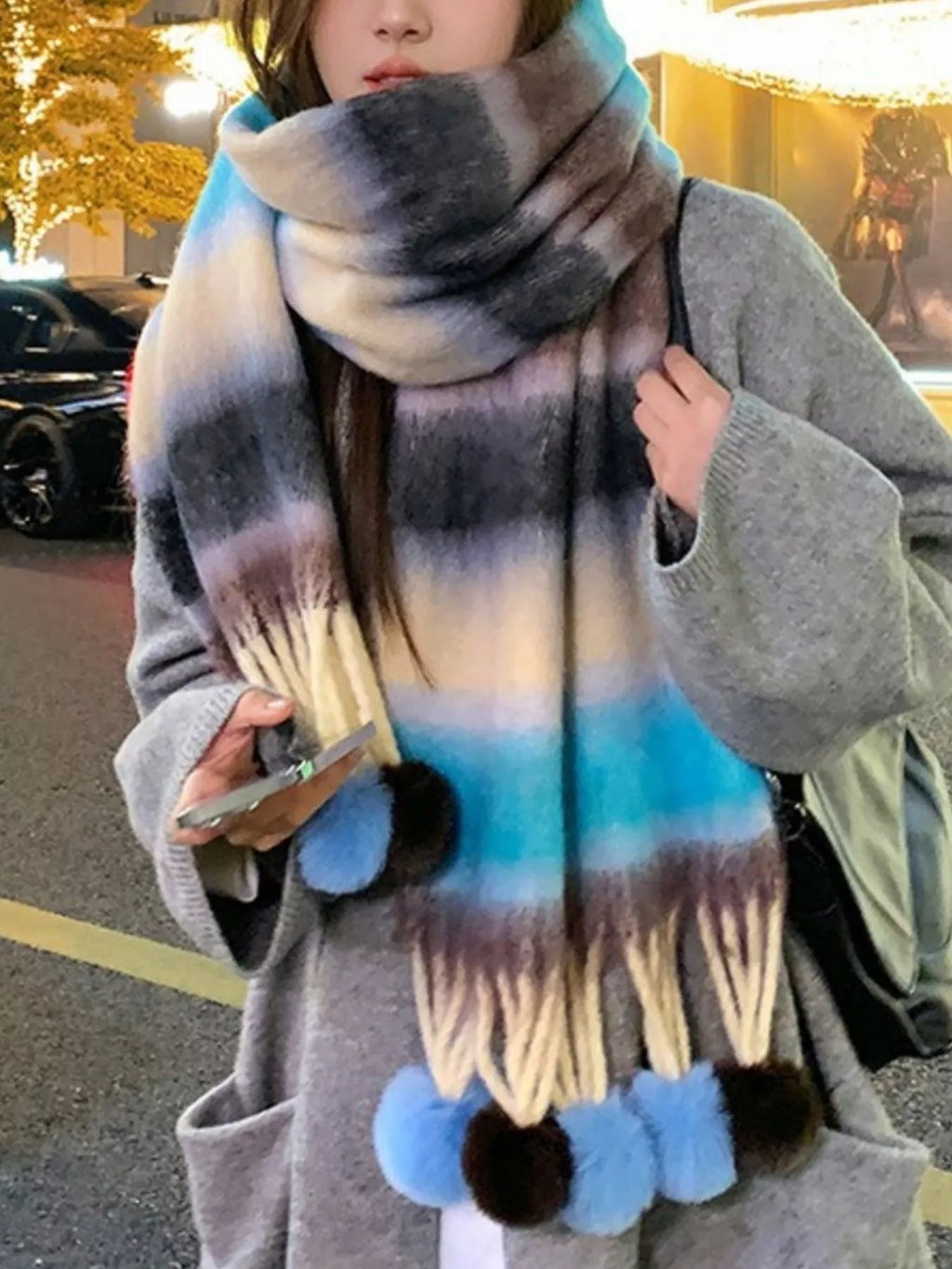 Striped Scarf with Pom-Poms