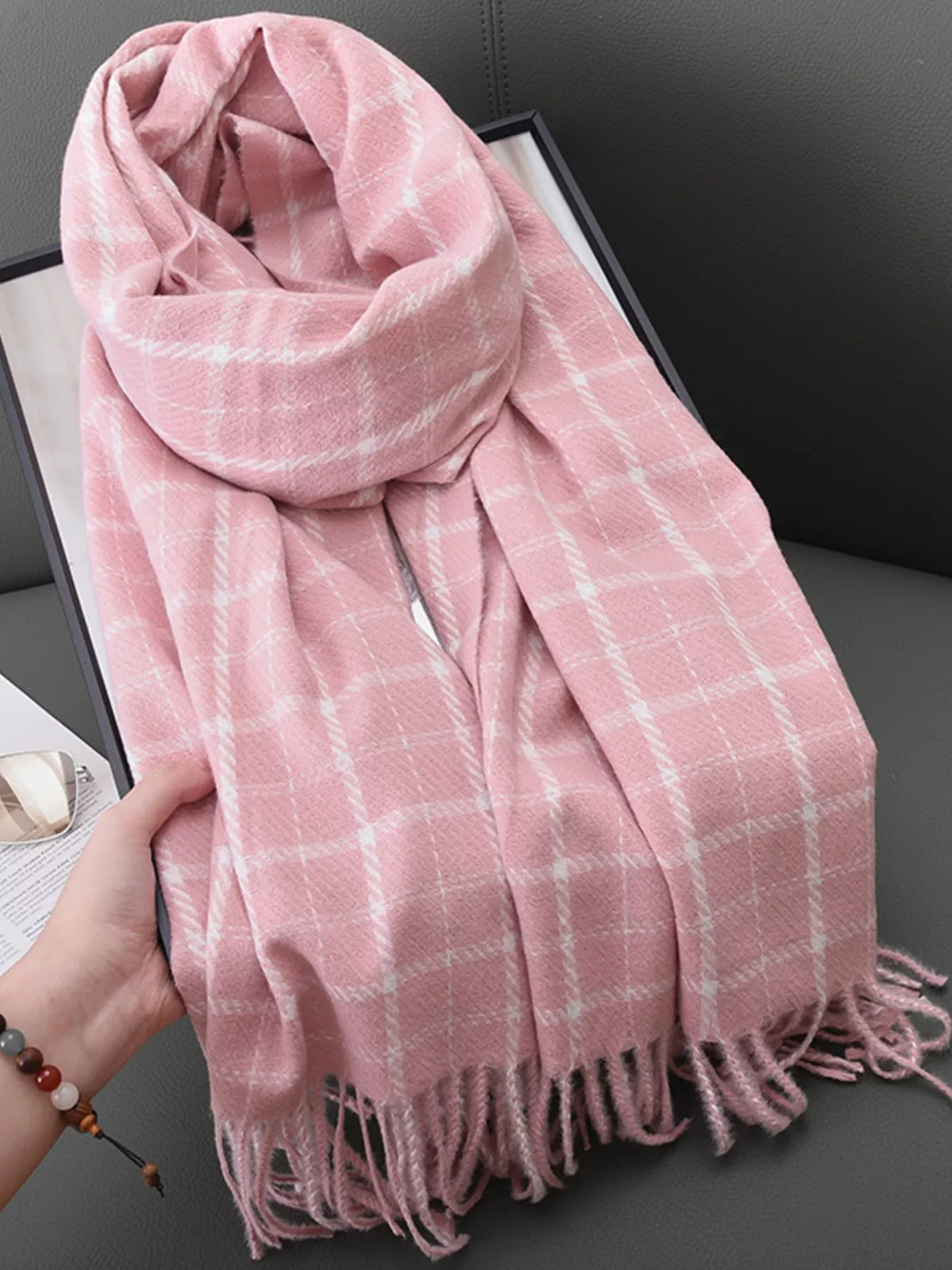 Classic Grid Check Plaid Fringe Scarf