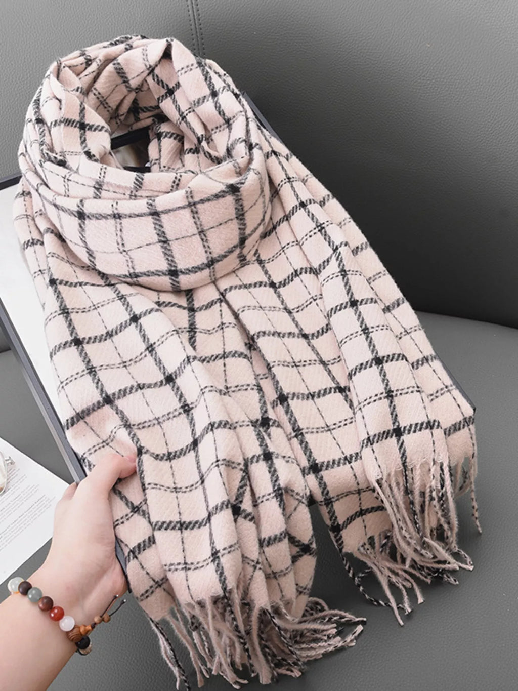 Classic Grid Check Plaid Fringe Scarf