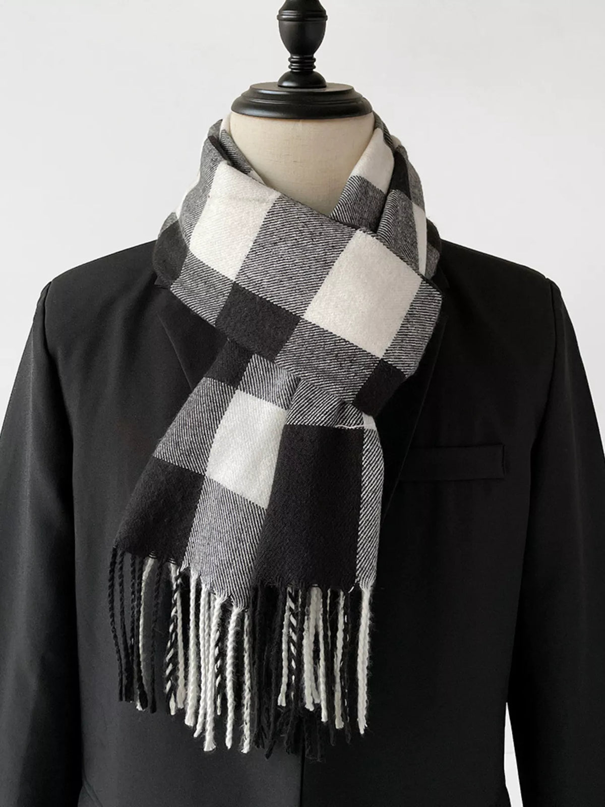 Classic Black Buffalo Check Plaid Fringe Scarf