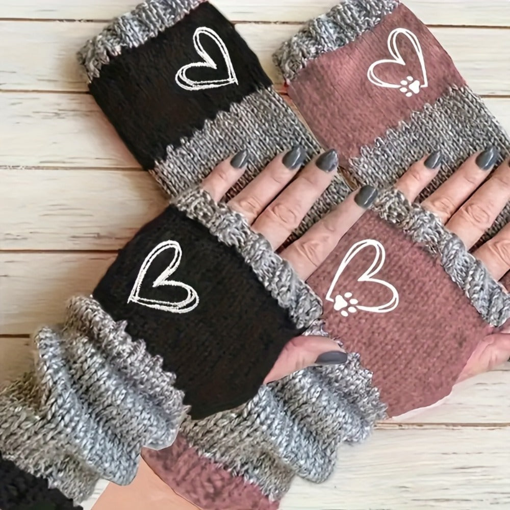 Two-Pair Navy Blue and Purple Fingerless Knit Hand Warmer Set with Heart, Paw and Ribbed-Cuff Details
