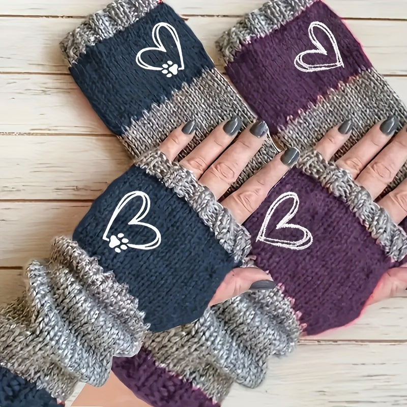 Two-Pair Navy Blue and Purple Fingerless Knit Hand Warmer Set with Heart, Paw and Ribbed-Cuff Details
