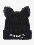 Women's Cute Cat Ear Beanie – Burgundy Knit Hat with Faux Fur Ears and Whisker Embroidery, Cozy and Stylish Winter Accessory