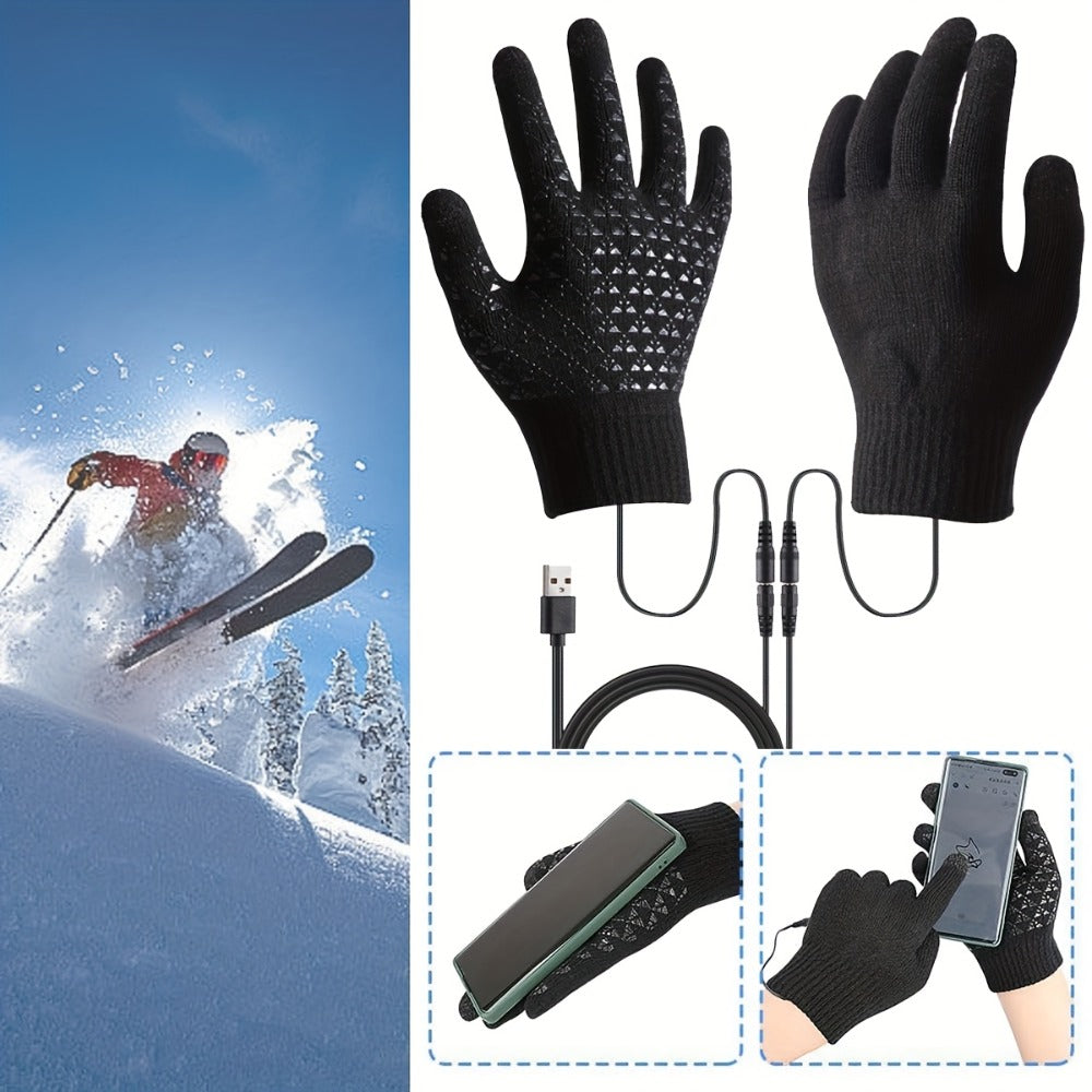 USB-Powered Full-Finger Heated Gloves with Touchscreen Fingertips, Anti-Slip Palms and Black or Gray Pair Options