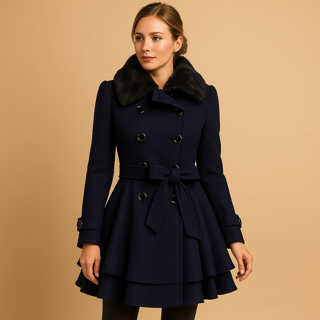 Long winter coat with faux fur collar for women | Elara