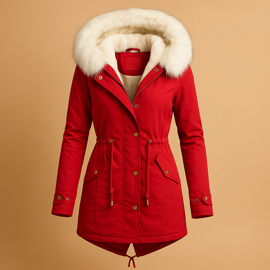 Long winter coat with faux fur hood for women | Amara