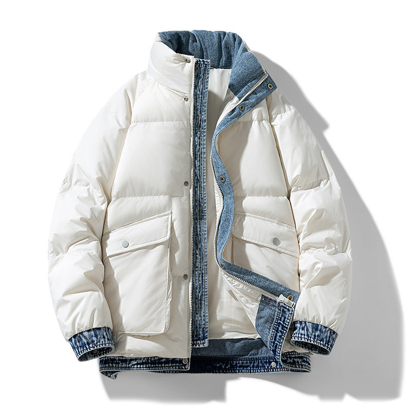 Big Quilted Puffer Coat with Denim Details