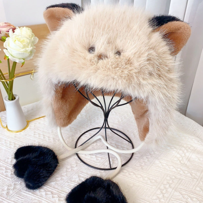 Women's Cat Plush Fisherman Hat, Winter Outdoor Warm Fleece-Lined Cartoon Cap